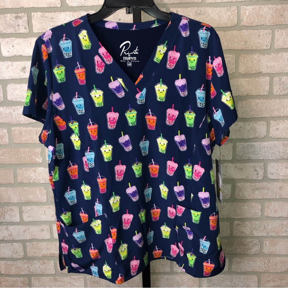 NWT Maevn Blue Boba drink Pattern short sleeve V neck scrub top